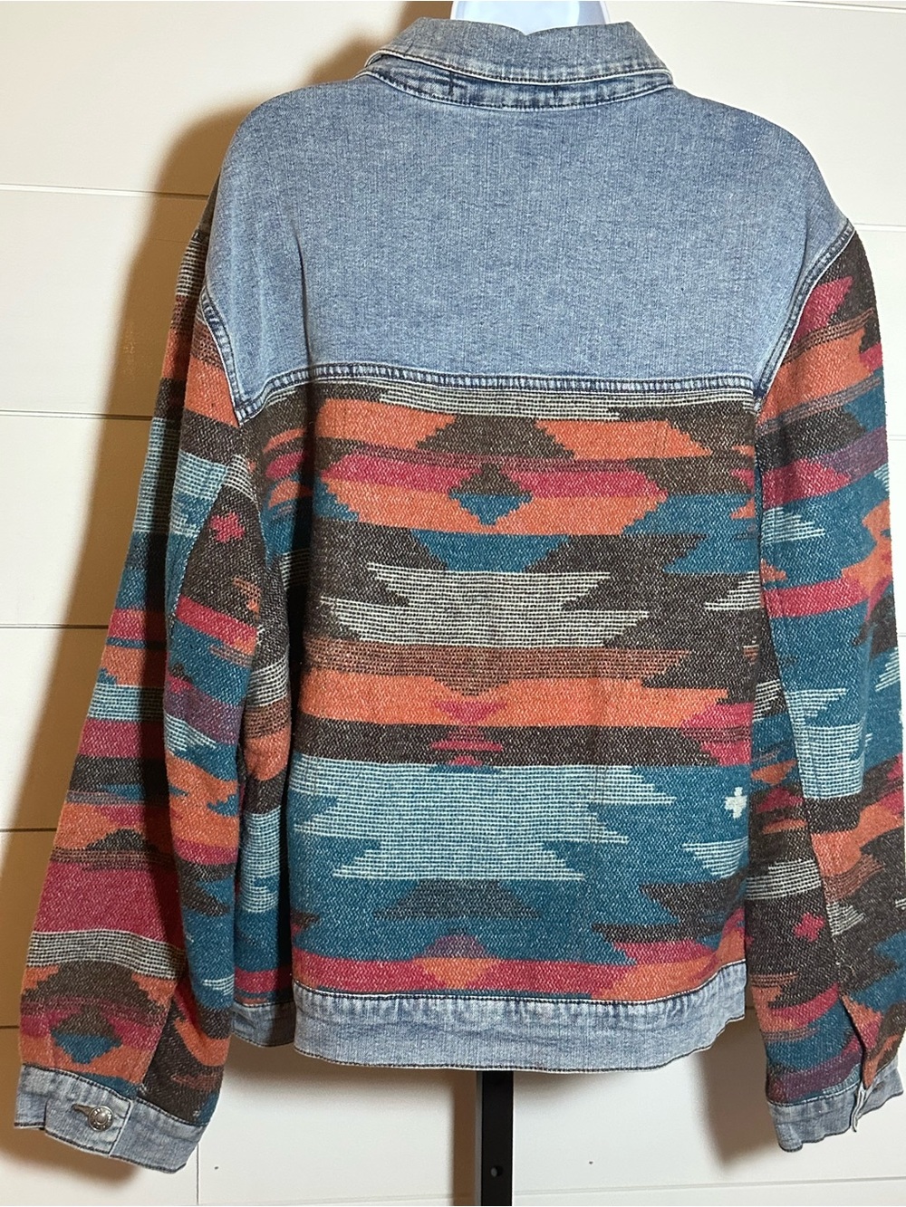 Denim-Trim Aztec Pattern Jacket - Teal & Rust - Picture 6 of 10